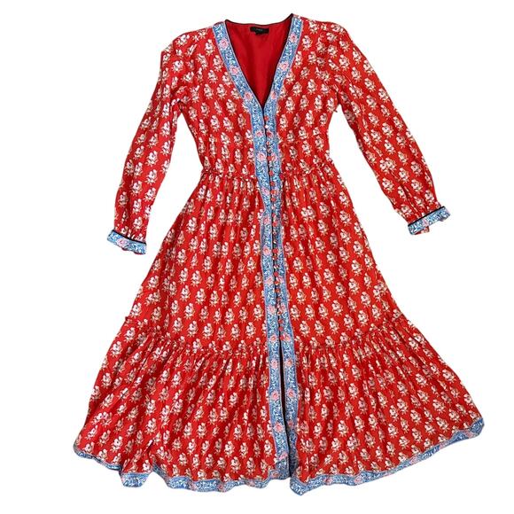 J. Crew Block Print Button Front Tiered MIDI Dress Size 00 - Picture 12 of 14